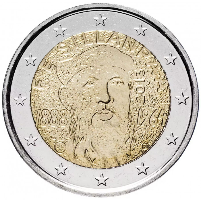 Финляндия 2 евро 2013 год 125 лет со дня рождения Франса Эмиля Силланпяя UNC KM# 193