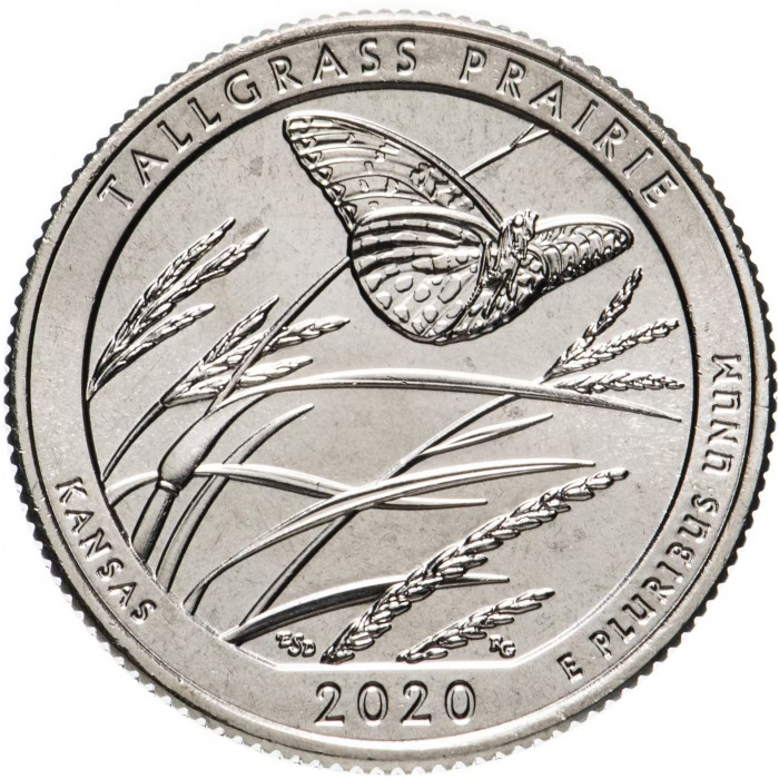 США 25 Центов 2020 S год UNC Прекрасная Америка № 55 Национальный заповедник Толлграсс-Прери (BOX468)