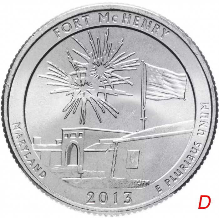 США 25 центов 2013 D год UNC Прекрасная Америка № 19 Форт Мак-Генри