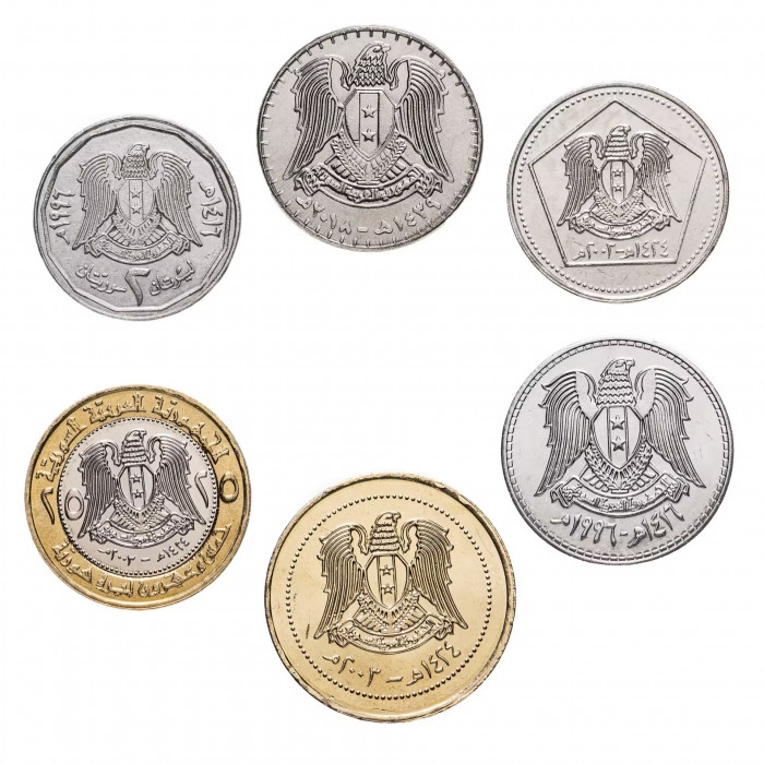 Сирия 1 лира 2 5 10 25 50 фунтов 1994-2018 год UNC Набор из 6 монет