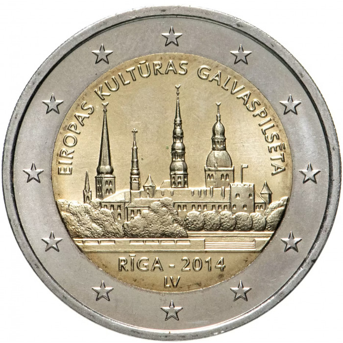 Латвия 2 евро 2014 год Рига - культурная столица Европы 2014 UNC KM# 158