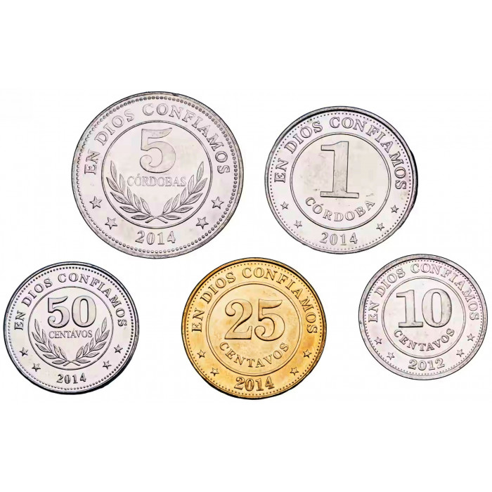 Никарагуа 10 25 50 сентаво 1 5 кордоб 2014-2015 год UNC Набор из 5 монет