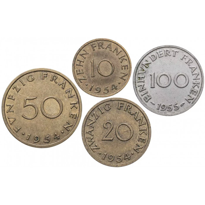 Саар 10 20 50 100 франков 1954-1955 год Набор из 4 монет