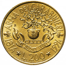 Италия 200 лир 1994 год KM# 164 180 лет карабинерам