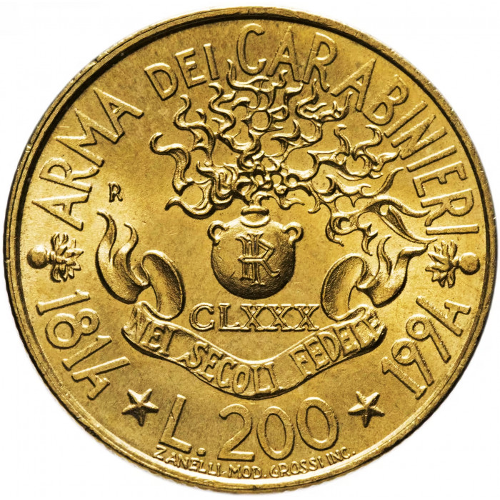 Италия 200 лир 1994 год 180 лет карабинерам KM# 164