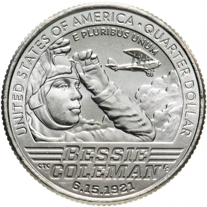 США 25 центов 2023 P год UNC №6 Американские женщины Бесси Колман