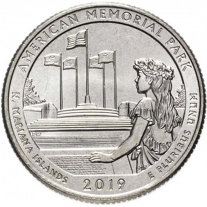 США 25 центов 2019 P год UNC Прекрасная Америка № 47 Американский мемориальный парк