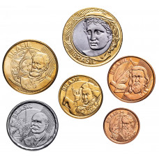 Бразилия 1 5 10 25 50 сентаво 1 реал 1994-2023 год UNC Набор из 6 монет