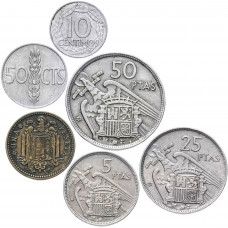 Испания 10 50 сентимо 1 5 25 50 песет 1939-1975 год Набор из 6 монет
