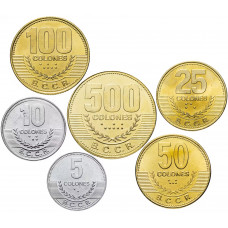 Коста-Рика 5 10 25 50 100 500 колонов 2005-2021 год Набор из 6 монет