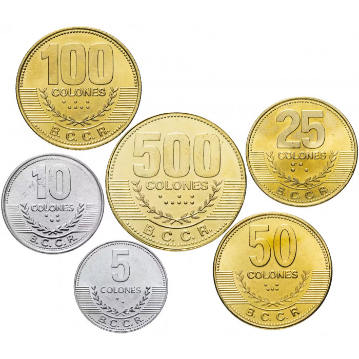 Коста-Рика 5 10 25 50 100 500 колонов 2005-2021 год Набор из 6 монет