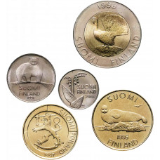 Финляндия 10 50 пенни 1 5 10 марок 1990-2001 год Набор из 5 монет