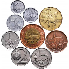 Чехия 10 20 50 геллеров 1 2 5 10 20 50 крон 1993-2023 год Набор из 9 монет