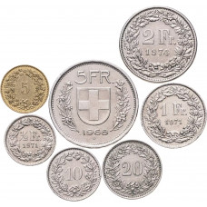 Швейцария 5 10 20 раппенов 1/2 1 2 5 франков 1879-2023 год Набор из 7 монет