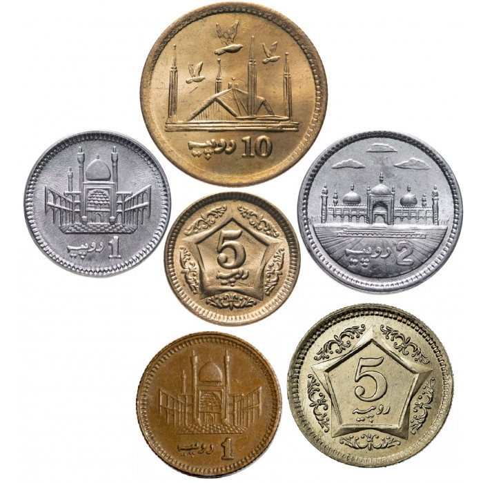 Пакистан 1 2 5 10 рупий 1998-2022 год Набор 6 монет