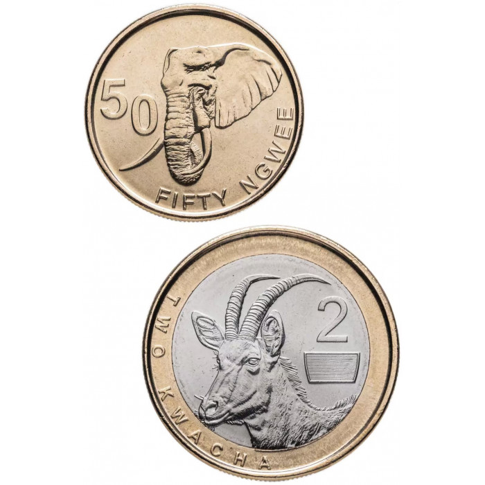 Замбия 50 нгвее 2 квачи 2024 год UNC Набор из 2 монет
