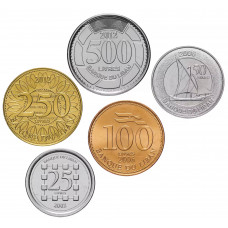 Ливан 25 50 100 250 500 ливров 1995-2018 год Набор 5 монет